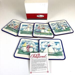 Six 6 Pimpernel Cork Backed Drink Coasters Regatta Race Boats Sailing w/Box Vtg